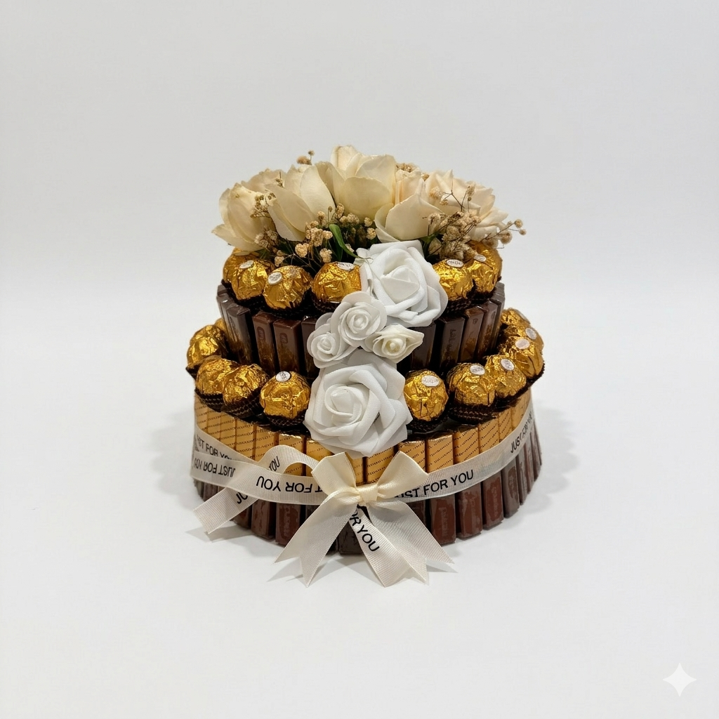 Merci- och Ferrero Rocher-chokladtårta + blommor
