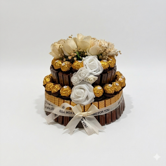 Merci- och Ferrero Rocher-chokladtårta + blommor