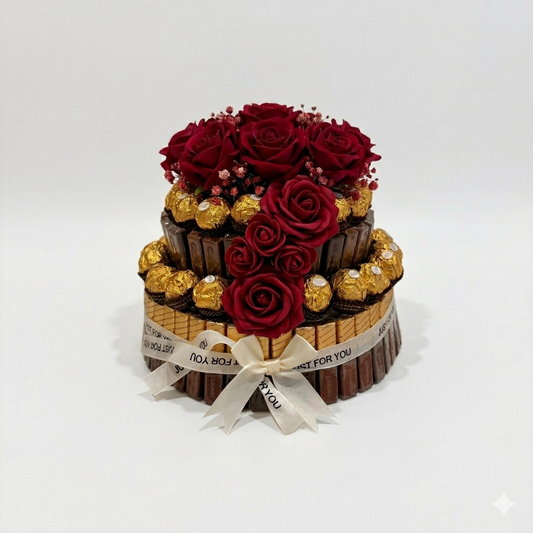 Merci- och Ferrero Rocher-chokladtårta + blommor